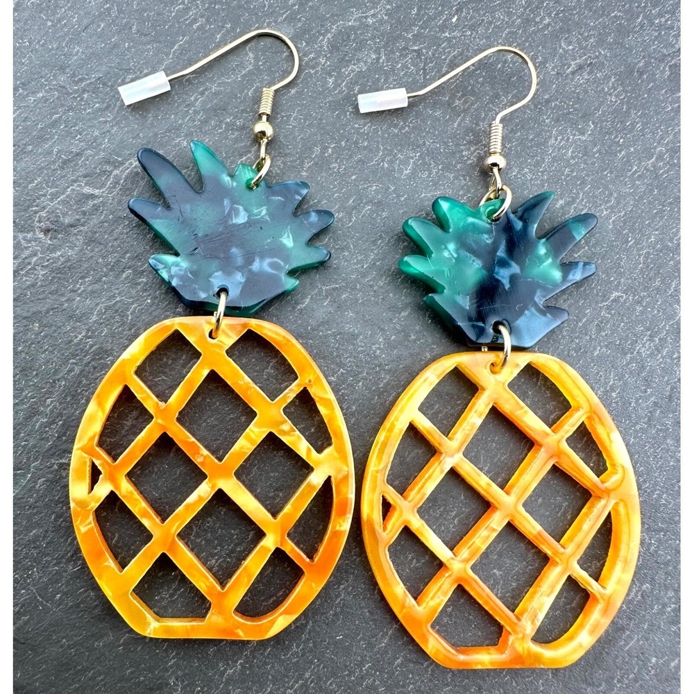 Pineapple Crown Earrings Golden Marbled Acrylic NEW